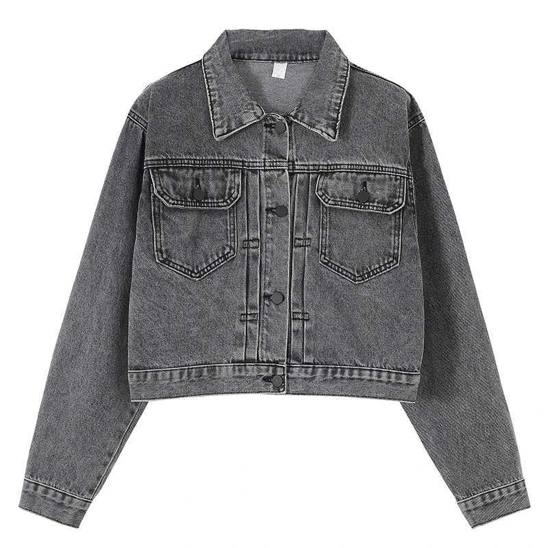 Vintage Washed Smoke Gray Short Jeans Jacket Women Lapel Single-breasted Casual Denim Cropped Outwear Autumn Clothes Female NewX240920