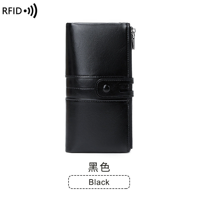 2024 New Anti Magnetic Money Clip Oil Wax Leather Handheld Bag Multi functional Women's Long Wallet