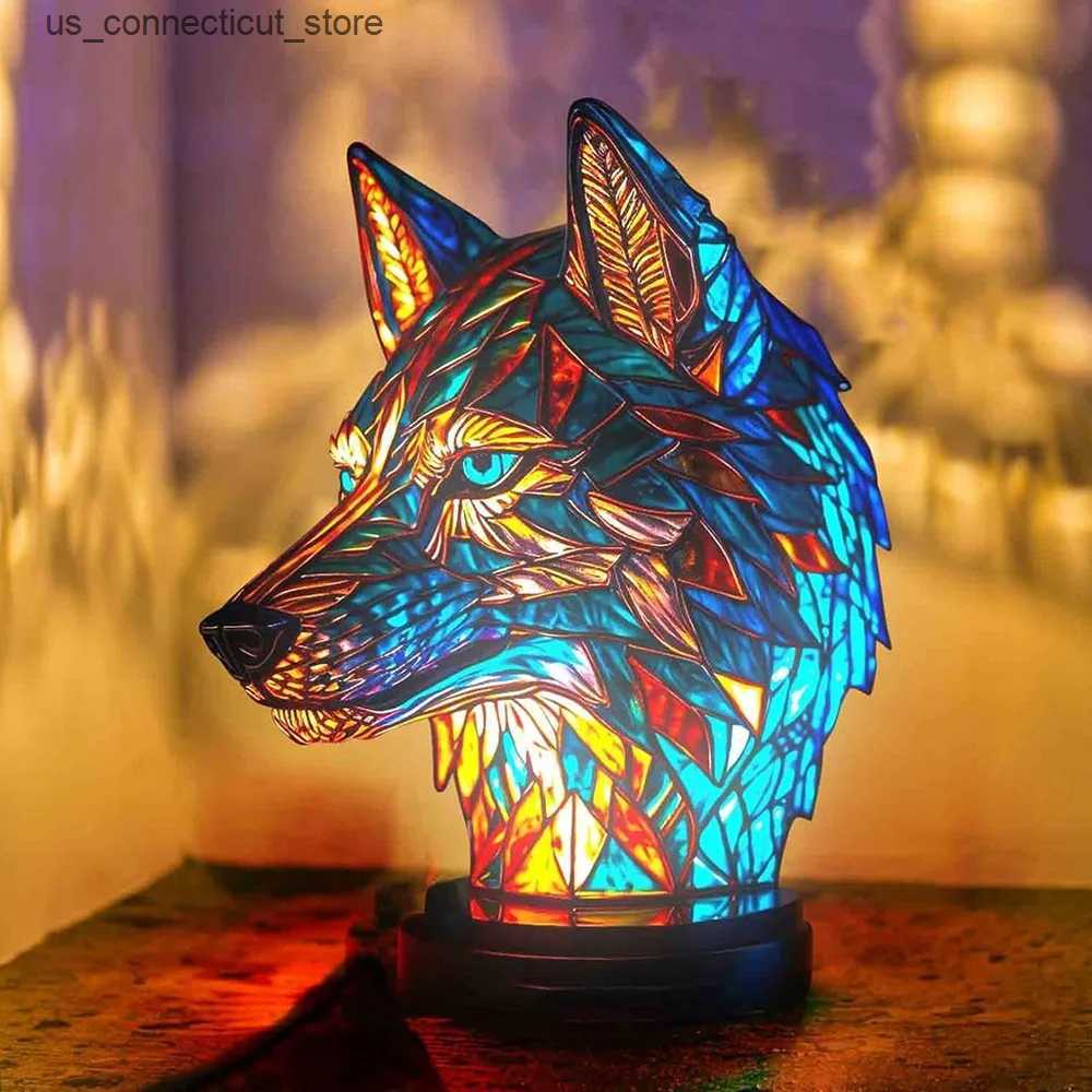Novelty Lighting 3D Stained Glass Table Lamp Resin Animal Shape Night Light Elephant Wolf Dragon Desktop Ornaments Bedroom Atmosphere Light L240910