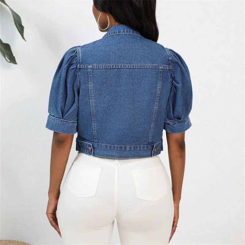 Women New Lapel Single Breasted Cardigan Denim Short Jacket Bubble Sleeve Outerwear Summer Casual Female Coat Stylish StreetwearX240920