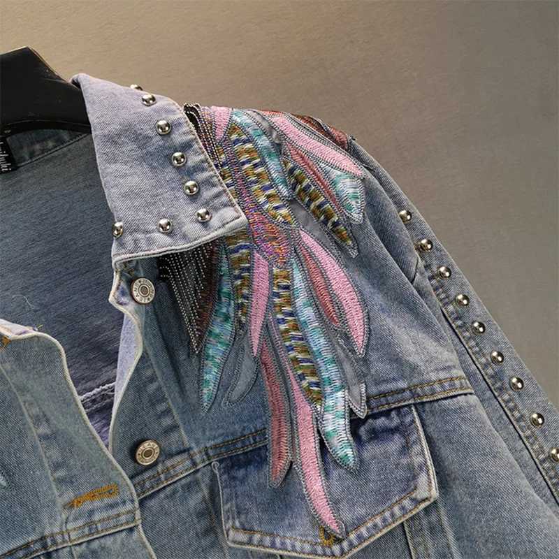 Women Casual Rivet Wing Embroidery Denim Coat 2024 Spring Autumn Chain Tassel Blue Short Jeans Jacket Long Sleeve Chaqueta MujerX240920