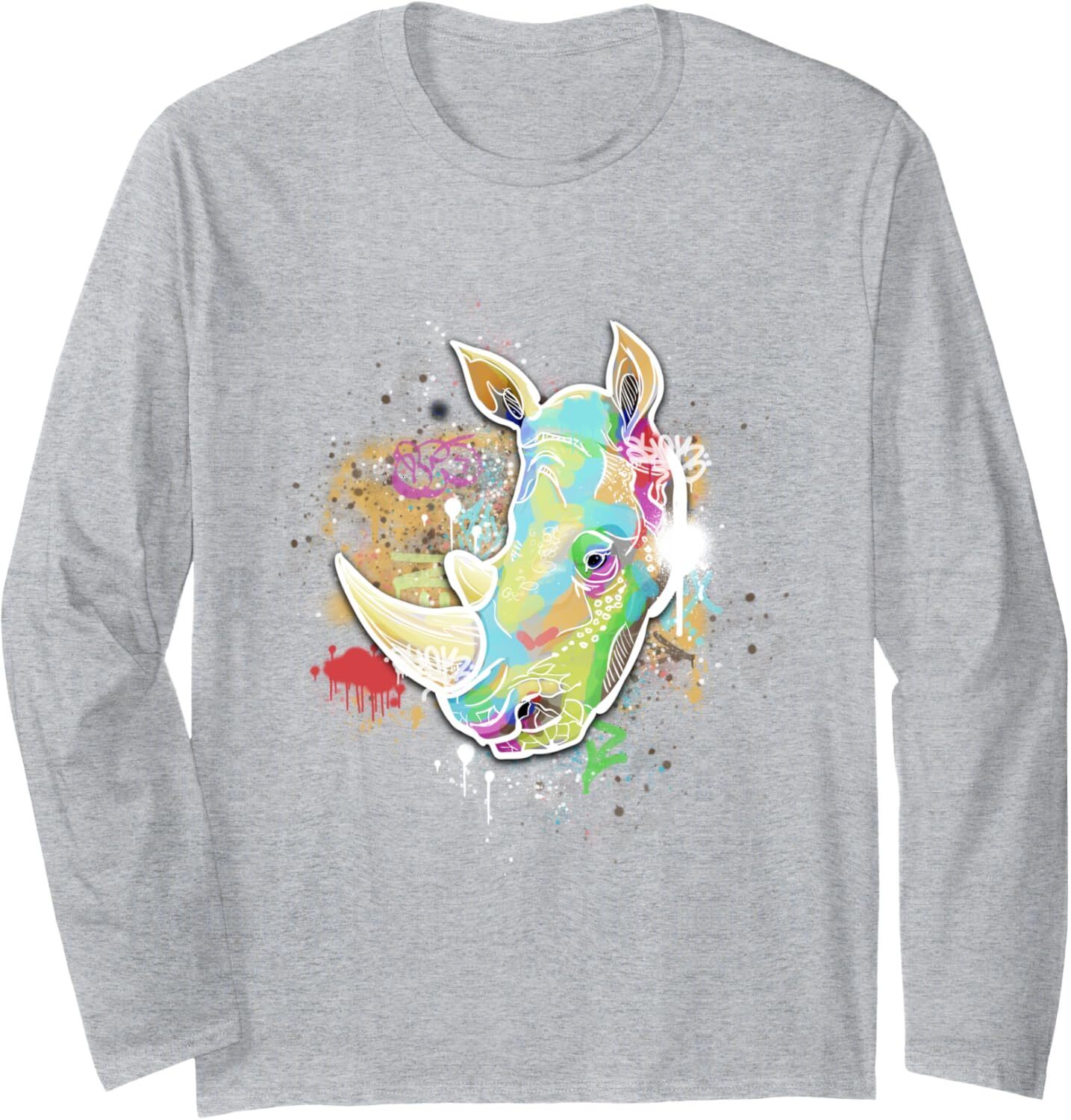 Long Sleeve Shirts for Men sweatshirt Cool, funny, colorful animal with horn Rhinoceros Long Sleeve Tee Streetwear Casual tops clothes