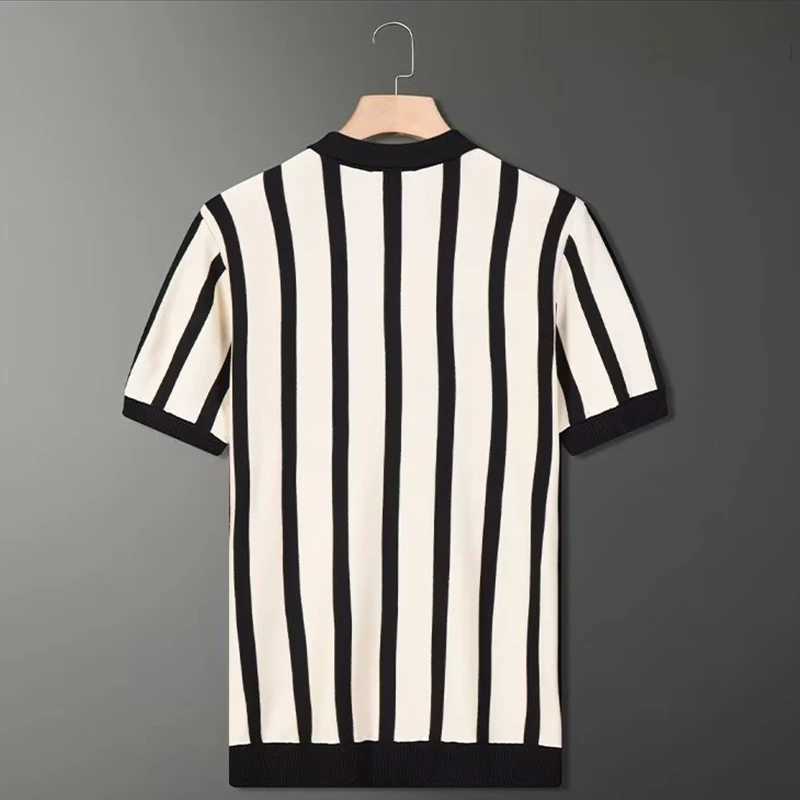 Mens Light Luxury Patchwork Knitted Polo Shirt Leisure Turn Down Collar Zippers Short Sleeve T-Shirt Breathable KnitwearX240920