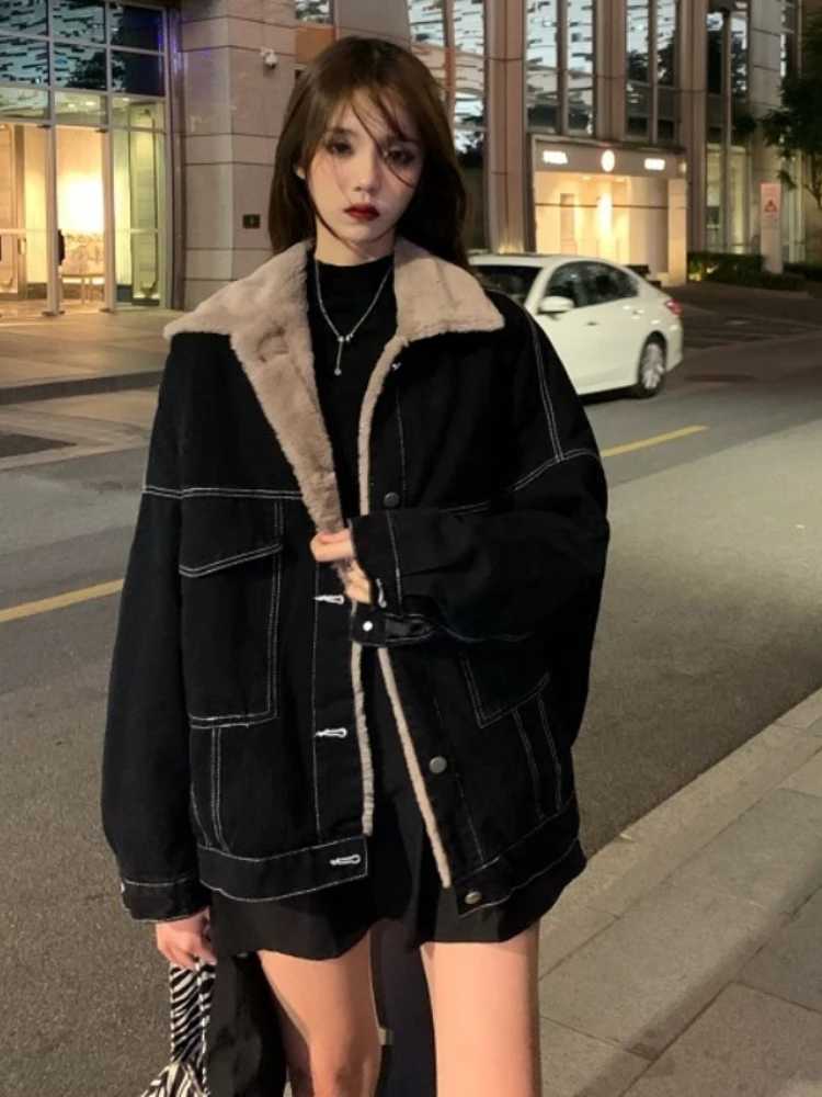 New Korean Fashion Winter Women Coat Warm 2023 Lapel Denim Thick Jacket Casual Work Clothes Cotton Padded Jackets for Women TopsX240920
