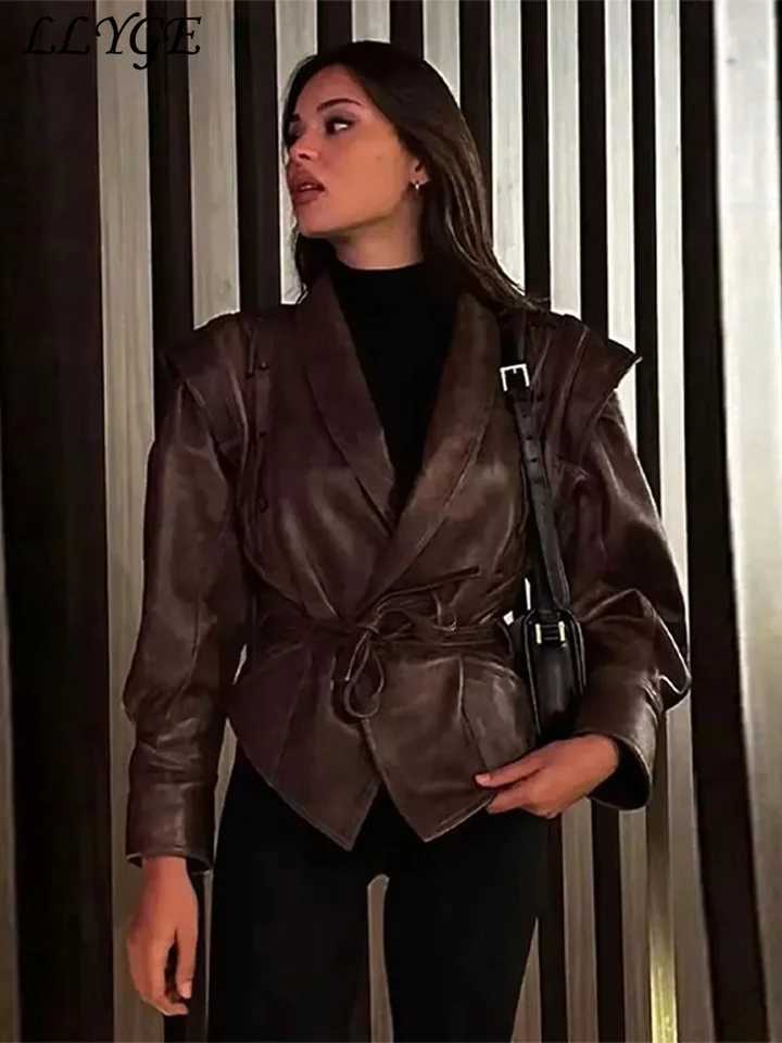 Vintage Womens Leather Jacket With Belt Slim Lace Up Lapel Long Sleeve Locomotive Coat 2024 Autumn Lady High Street Y2k OutwearX240920