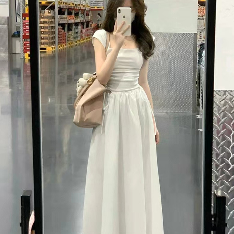 French square necke pure desire spicy girl white dress for women's summer new waist style slim fit tie high waisted long skirt
