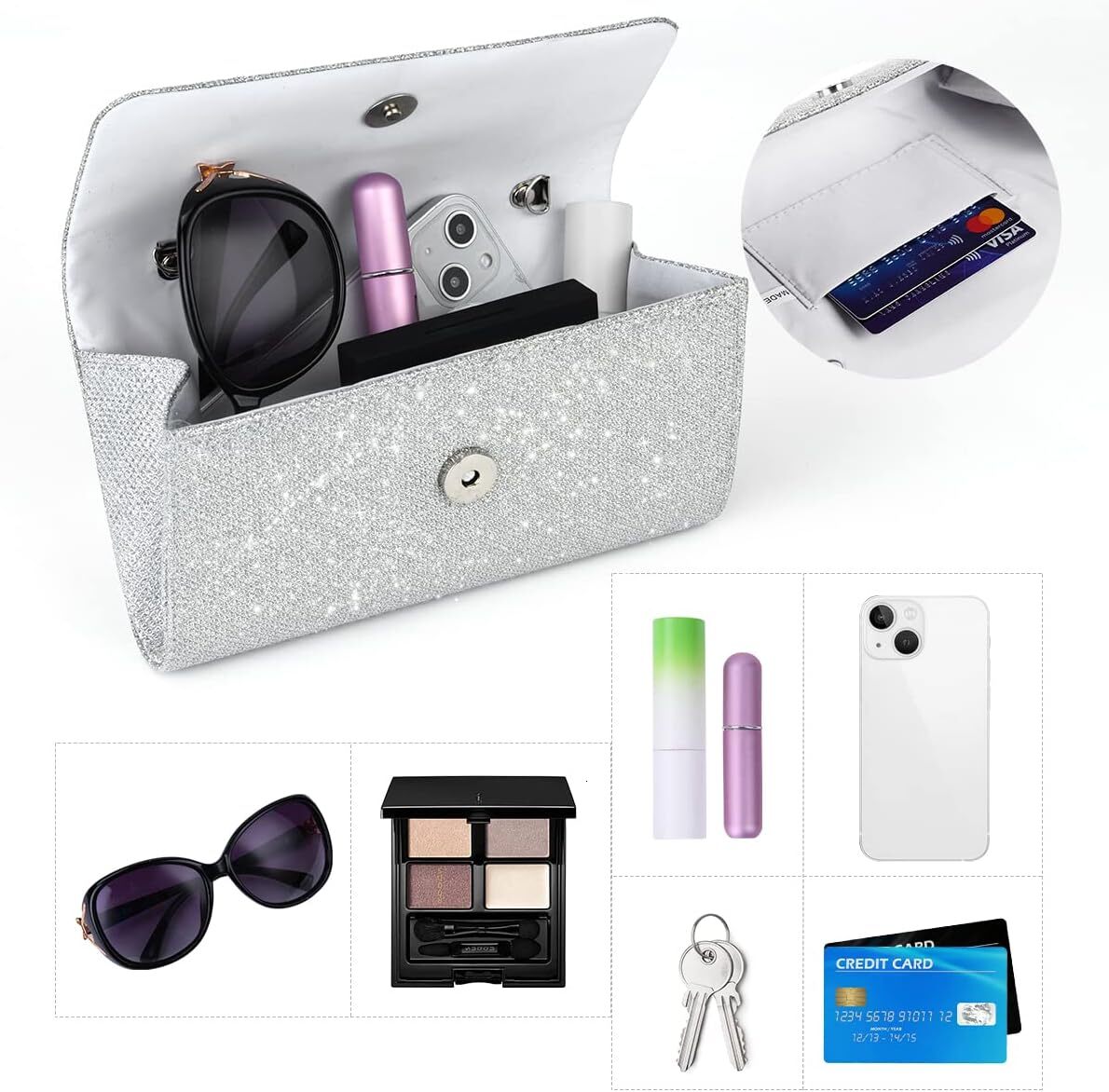 Women's Pochette, Ceremony Removable Chain Bag Strap, Shoulder Bags for New Year's Ball, Party - Sier