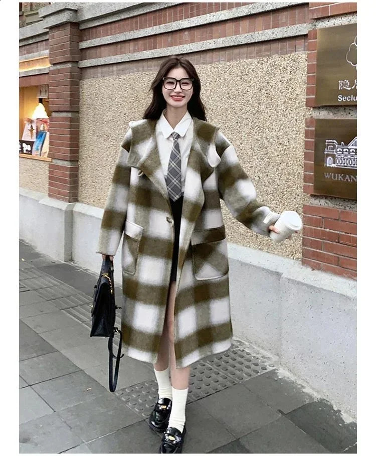 MiiiX French style retro plain woolen coat womens coat autumn and winter loose thick long jacket womens clothing 240920