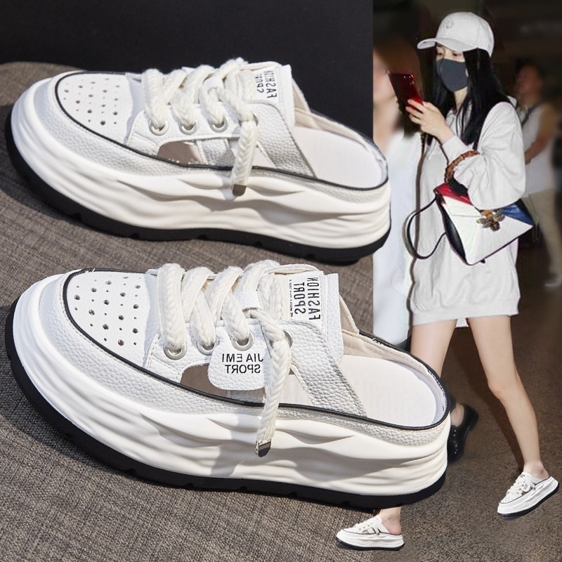 Thick bottom toe half women's spring and summer outdoor wear 2024 new hollow out cool slippers for casual lazy people with one foot kick