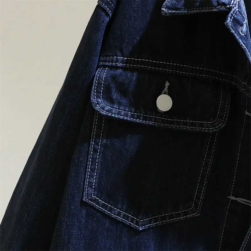 Vintage Dark Blue Loose Short Denim Jacket Women Big Pocket Long Sleeve Cowboy Outerwear Spring Harajuku Jeans Jackets FemaleX240920