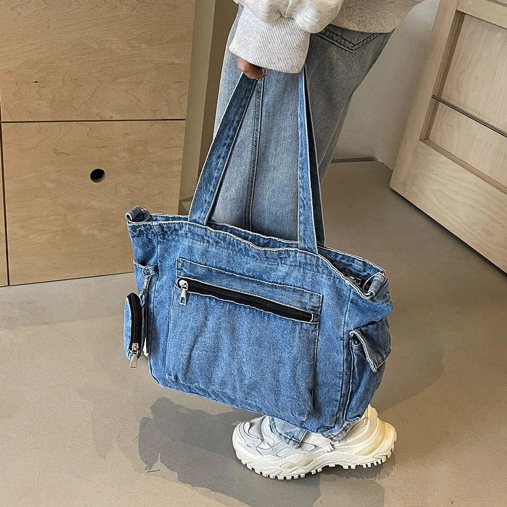 Womens denim shoulder bag with small wallet vintage fabric cross body large capacity travel messenger womens commuting 240919