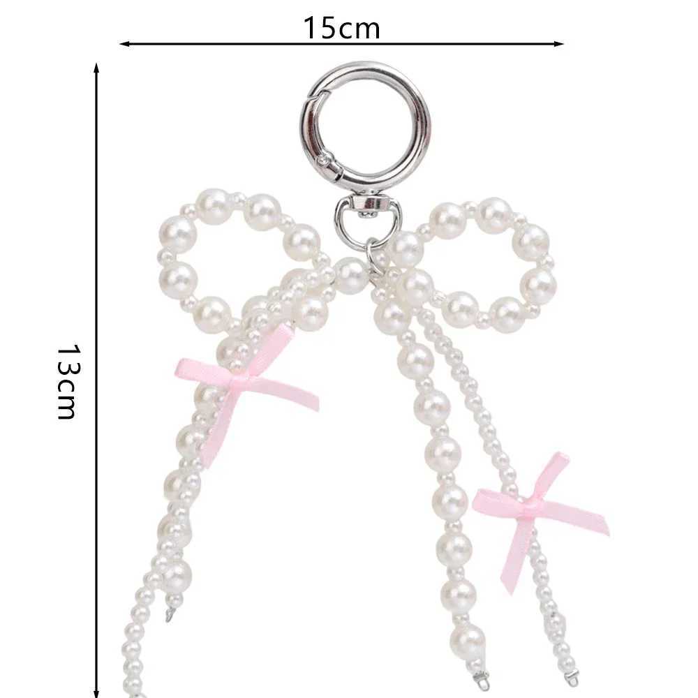 New White Bowknot Heart Keychain Women Sweet Charm Pearl Bow Backpack Key Ring Handmade Jewelry Ornament Bags Pendants GiftsX240919