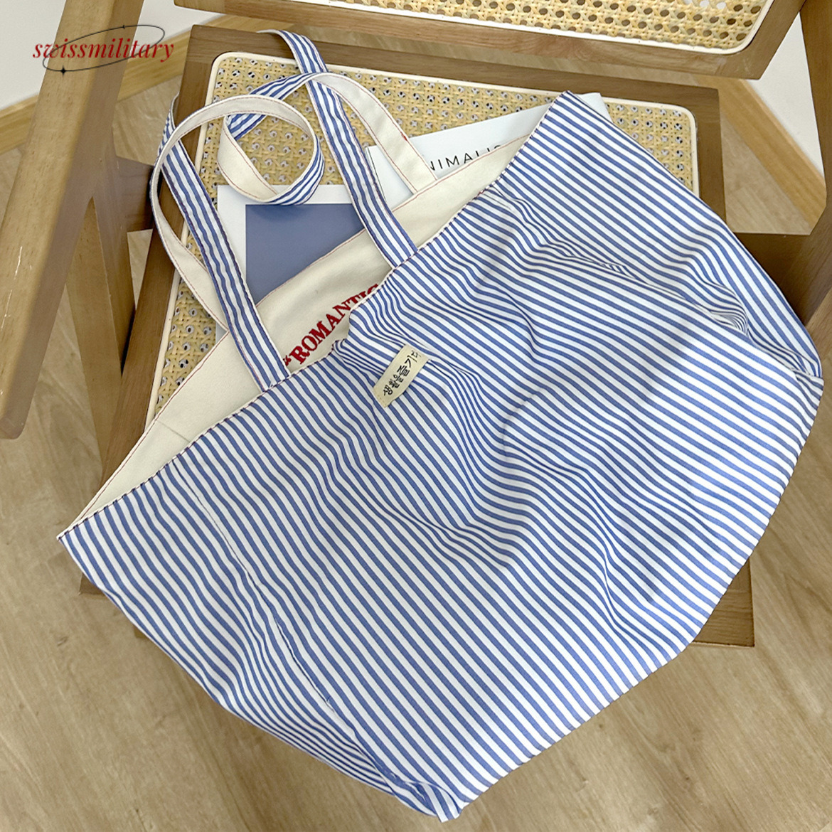 Large capacity Tote front and double-sided back stripe single shoulder with texture embroidery, college student canvas bag, female commuting bag #23 S