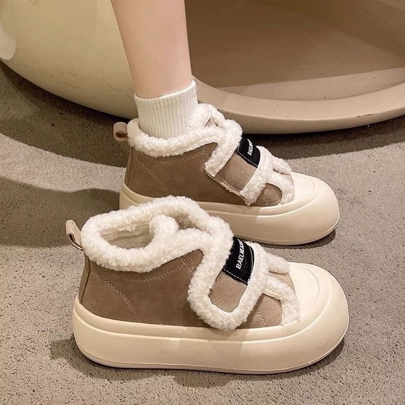 Winter Women Breathable Warm White Wool Thick Heel Plaid Sneakers Casual Running Platform Y2k Lolita Shell Shoes
