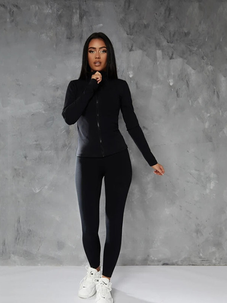 Solid 2 Pieces Set Outfits Women Zipper Tracuits Running Fiess Sports Wear Long Sleeve Pants Slim Body Suits Woman Clothing