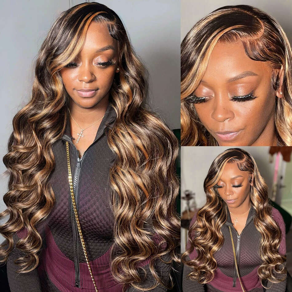 250 Density 4/27 Highlight Ombre 13x6 HD Frontal Wig Body Wave Human Hair 13x4 Lace Front Wigs 28 30 32Inch Brazilian Brown