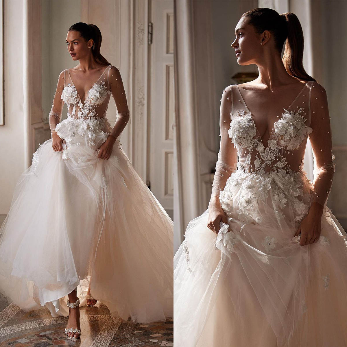 E Exquisite A Wedding Dress D Ral Appliques Sequins O Neck Bride Gowns Pearl Long Sleeve Tulle Bridal Dresses Custom Made ppliques es