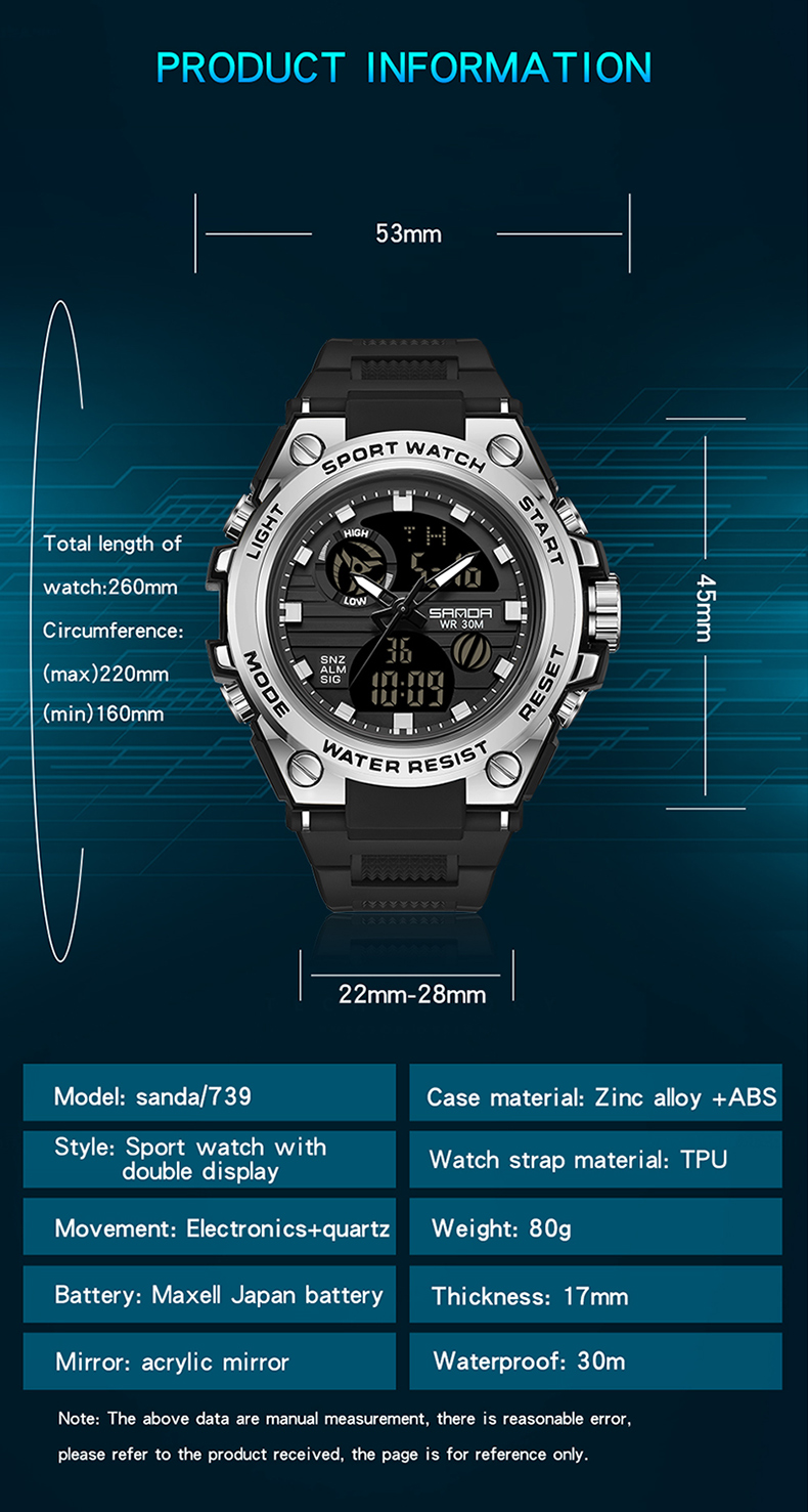 SANDA G Style Men Digital Watch Military Sports Watches Dual Display Waterproof Electronic Wristwatch Relogio Masculino 739
