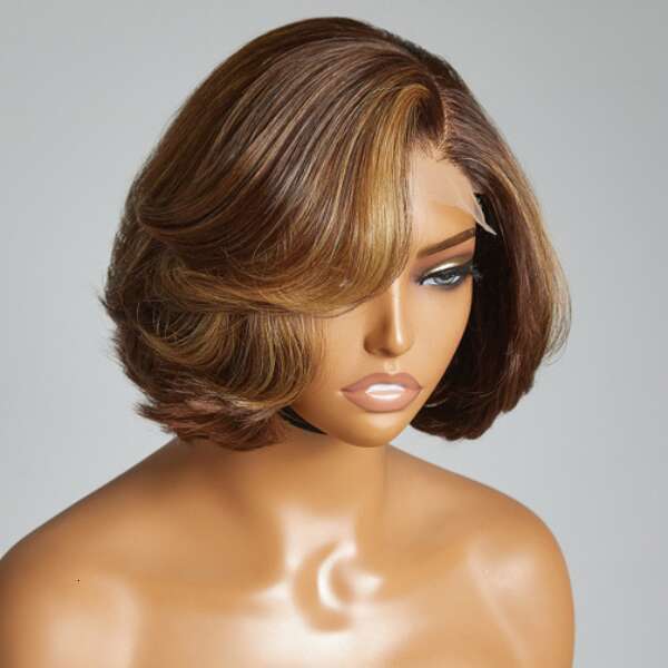 Highlight 4/27 Ombre Body Cheap Short Bob Brown Mix Blonde C Part Water Wave Lace Closure Wig 100% Human Hair For Women