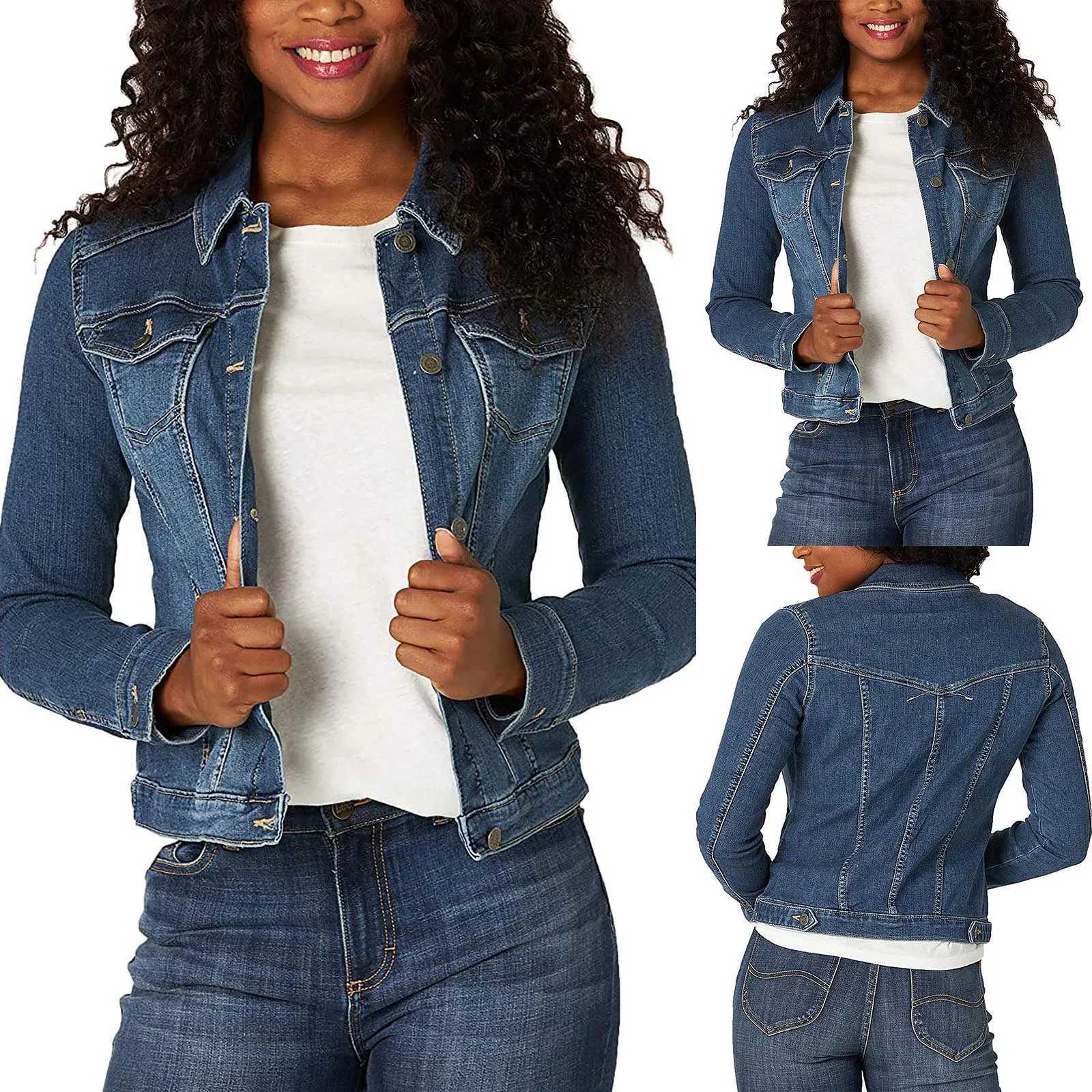 Womens Casual Denim Jacket Western Basic Lapel Button Up Long Sleeve Trucker Jean Jacket Biker Coat TopsX240920