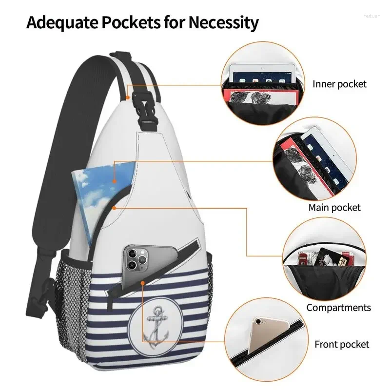 Backpack Custom Blue Stripes Nautical Anchor Sg Crossbody Chest Bag Men Fashion Shoulder For Camping Biking b54a 4