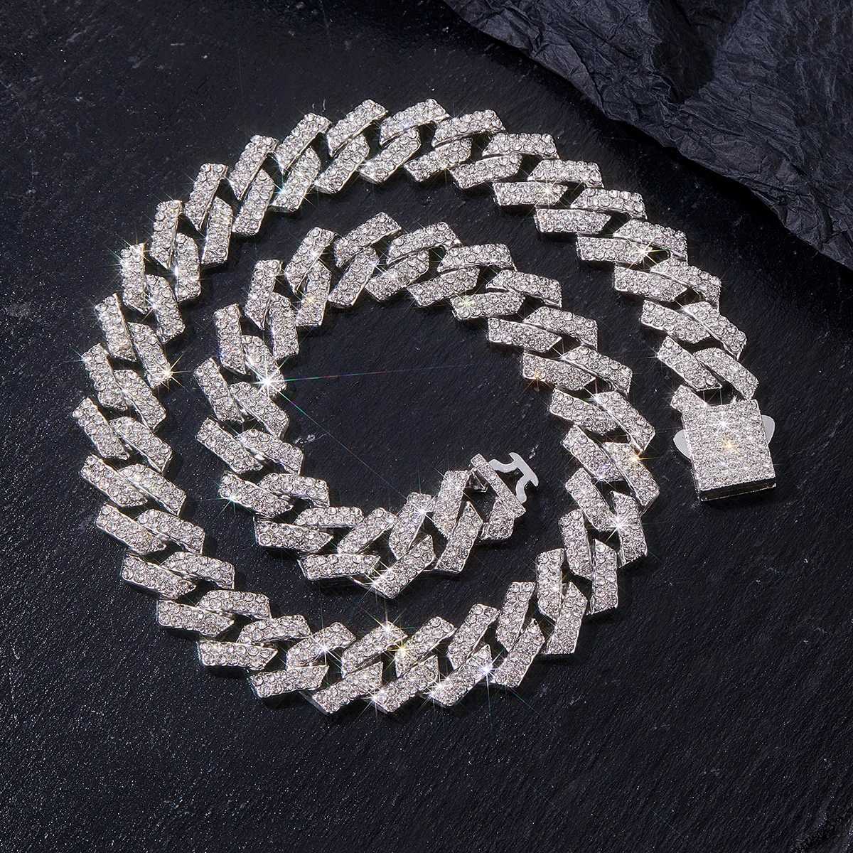 Mens 15MM Cuban Chain Iced Silvery/Golden Miami Cuban Necklace Shiny Necklace Bracelet Hip Hop jewelryX240919