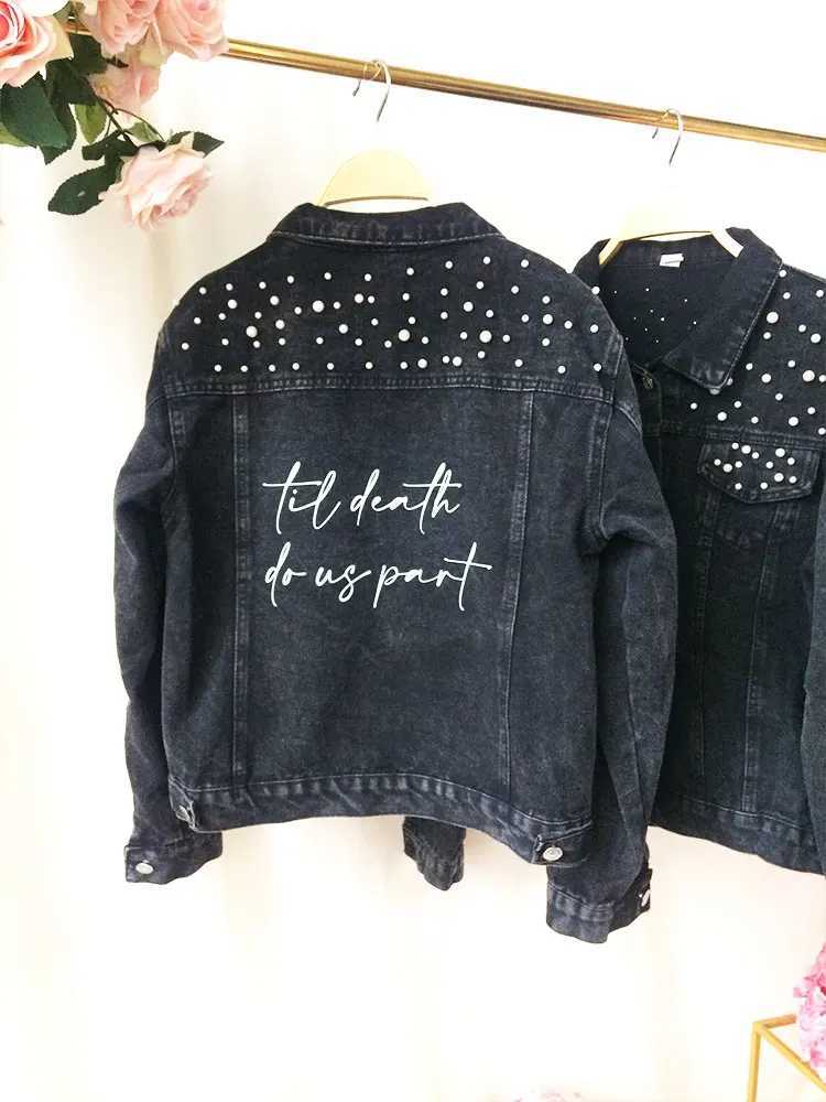PERSONALIZED Black Denim Statement Coats Bridal Jacket Customized Wedding Jean Jacket Bridal Denim With Pearl Womens MRS CoatsX240920