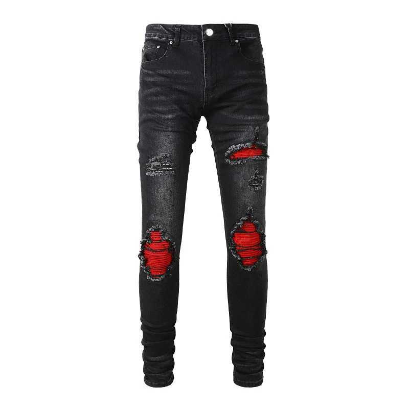 U. Drip irrigated mens Distressed jeans from the United States featuring tight elastic holes red ribbed patches and ripped jeans CL240912