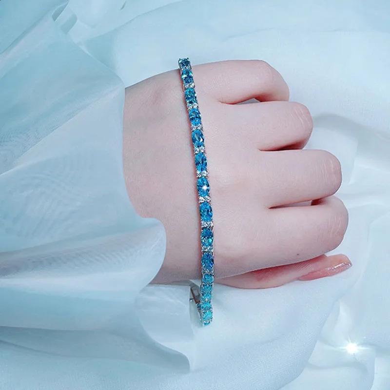 Blue sapphire zircon oval bracelet for women S925 pure silver 18k goldplated fashionable classic wedding 240912