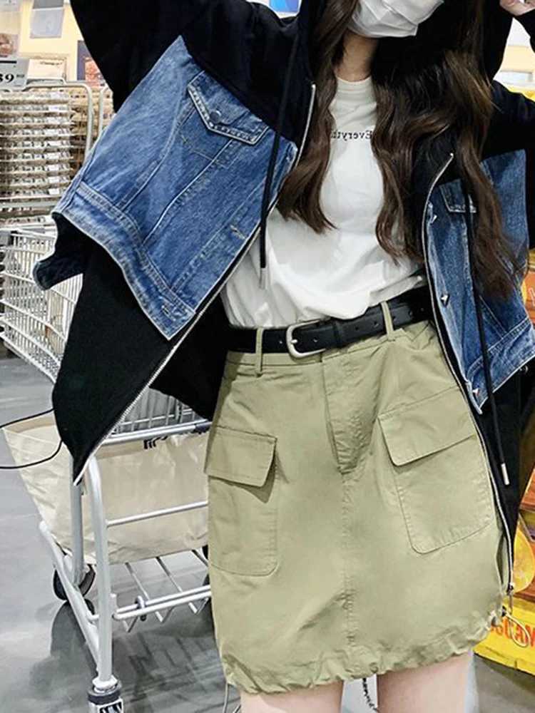 LANMREM Streetwear Hooded Jackets Women Denim Patchwork Design Zipper Loose Coat Fashion 2023 Autumn New Clothing 2AA3106X240920