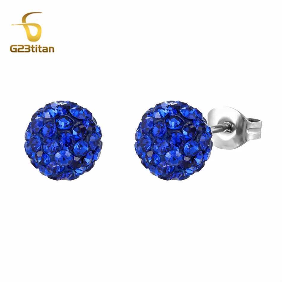 10mm 8mm blue Shambhala bead earrings mens Pave crystal disco clay ball G23 titanium perforated earrings hypoallergenic jewelry W240919