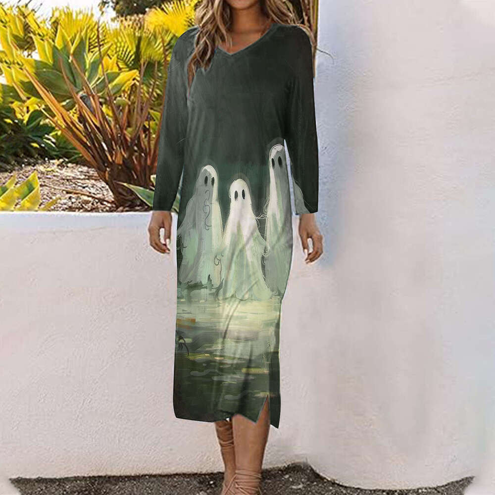 Hallowmas Halloween print 2024 new fashionable casual versatile mid length dress for women