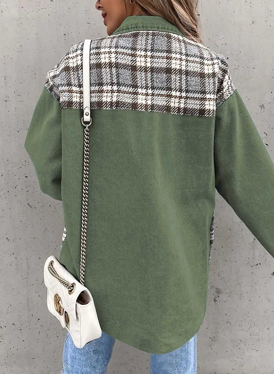 Womens Denim Jacket Long Sleeve Jean Top Plaid Button Down Shacket Jacket FashionX240920