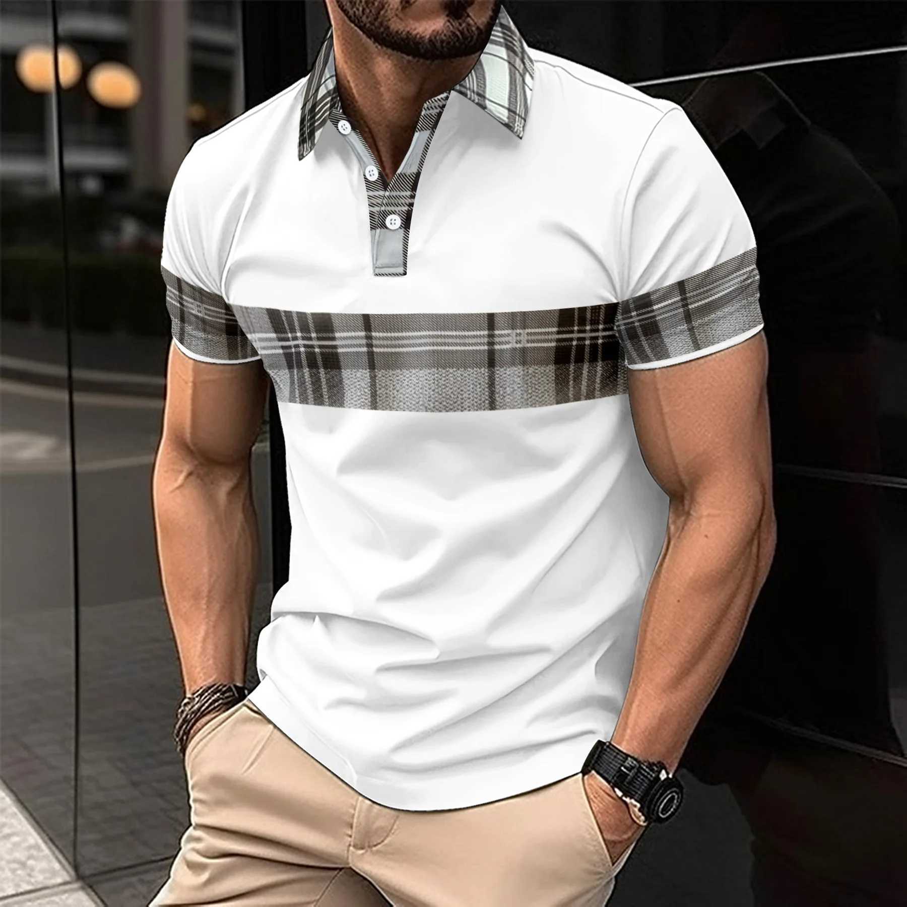 Summer new mens fashion casual polo shirt short sleeve striped button Waffle T-shirt breathable topX240920