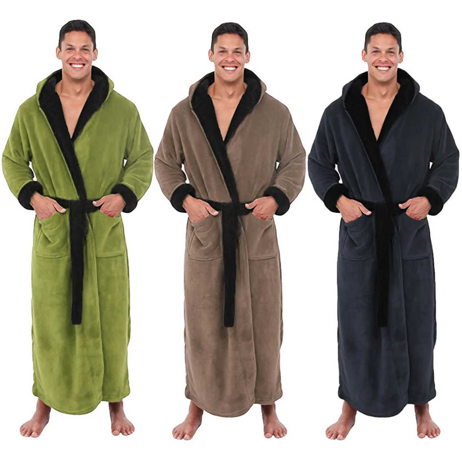 Mens Winter Plush Bathrobes 2023 Winter Lengthened And Thickend Shawl Night Gown Clothes Hooded Long Sleeved Pajama Loungewear Y240919