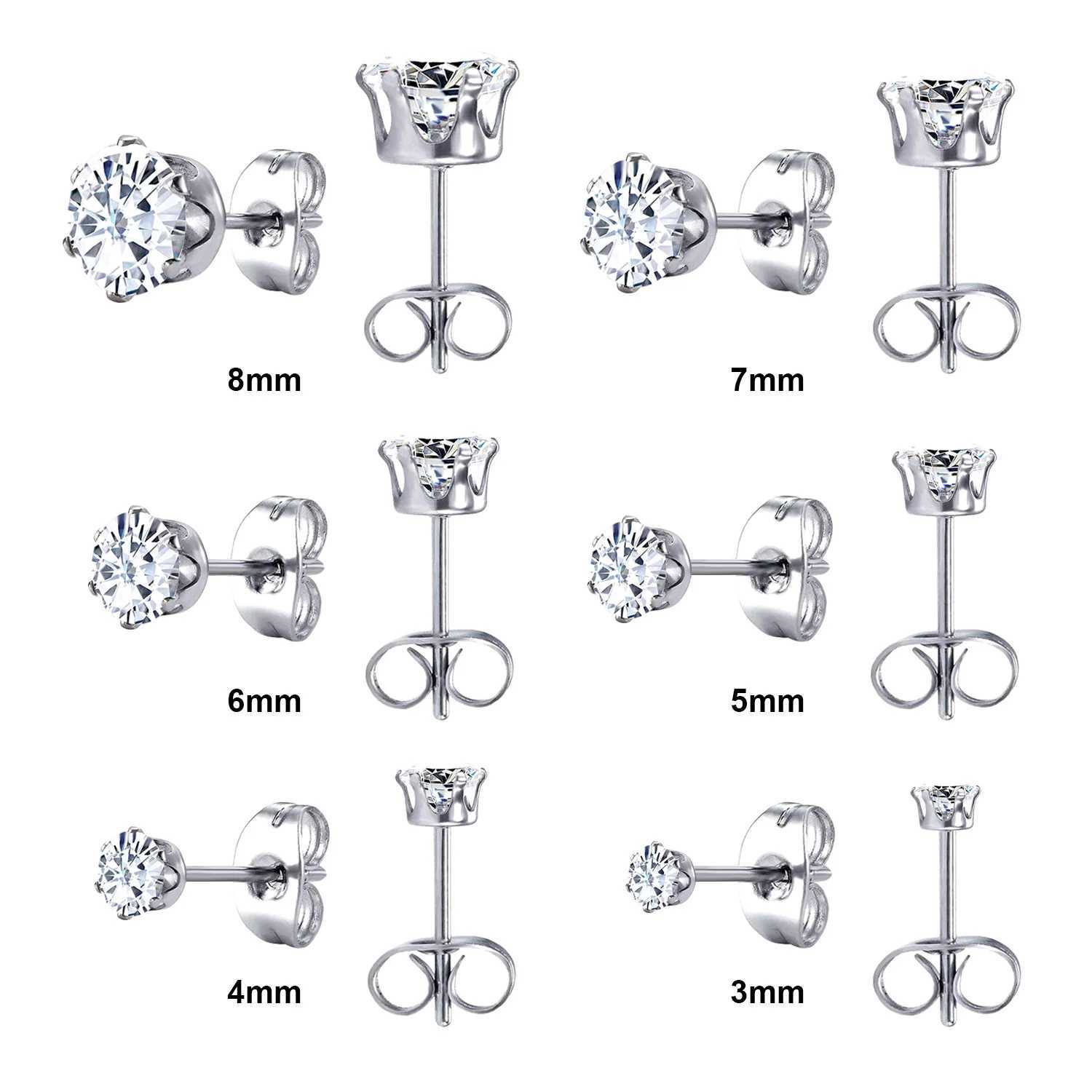 LUXUSTEEL 6 Pair/Set CZ Stud Earrings Stainless Steel Round White Cubic Zirconia Low Allergy 6-Claw Earrings Fashion Jewelry W240919