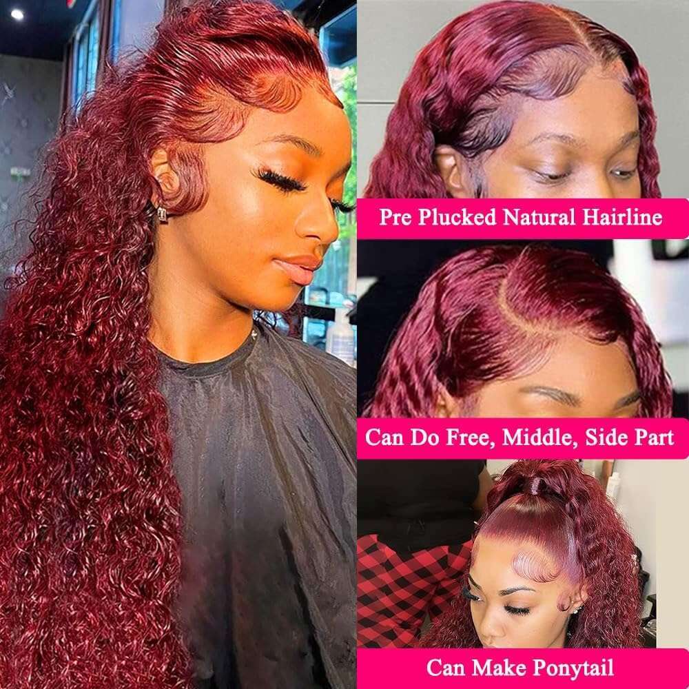 99J Bury Deep Wave 13x6 HD Front Wig Red Colored Curly 13x4 Lace Frontal Human Hair Wigs For Women