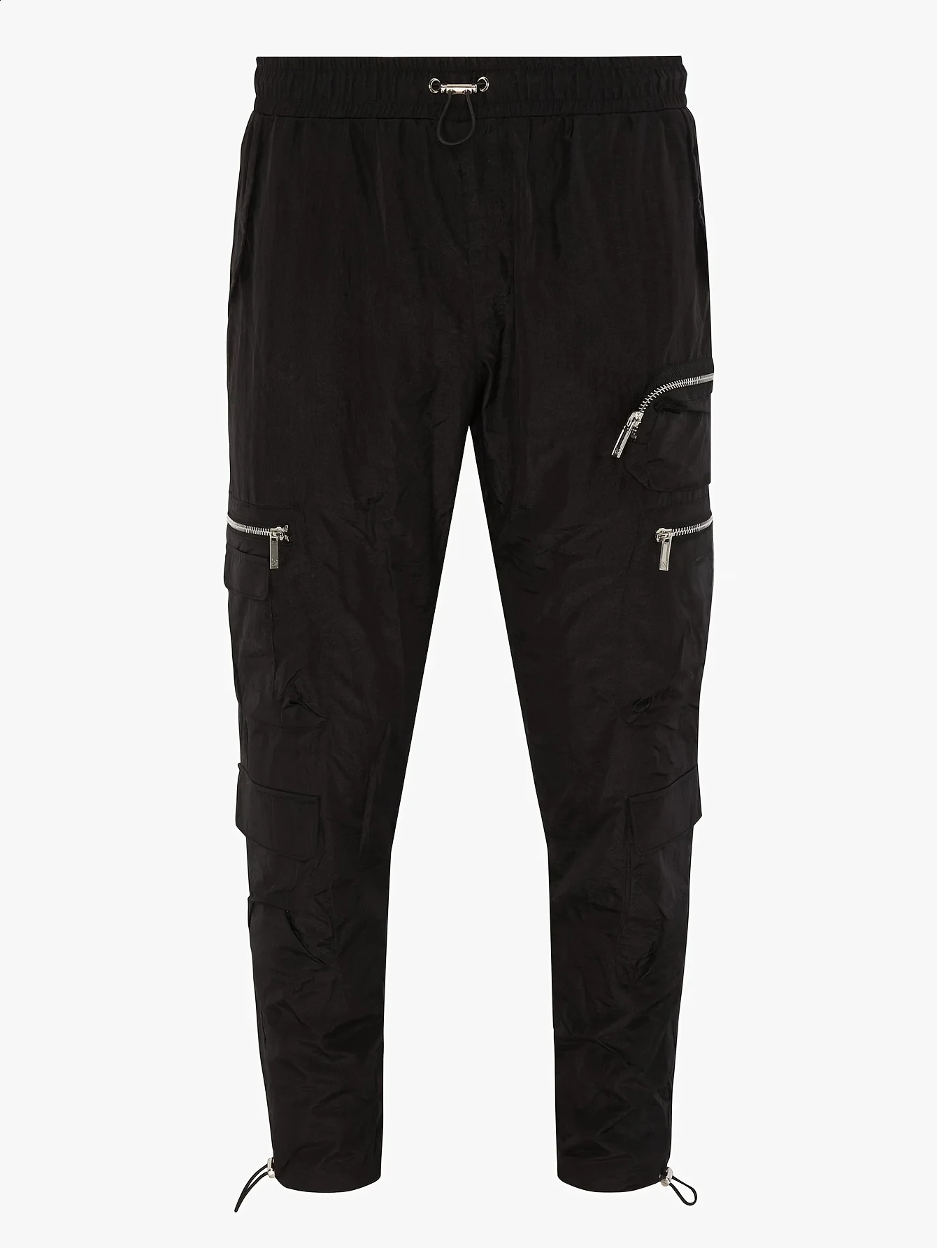 Mens Lightweight SlimFit Pleated WaterlessWash Fabric Asymmetric Pocket n Cargo Pants With Cuff Black Light Grey 240910