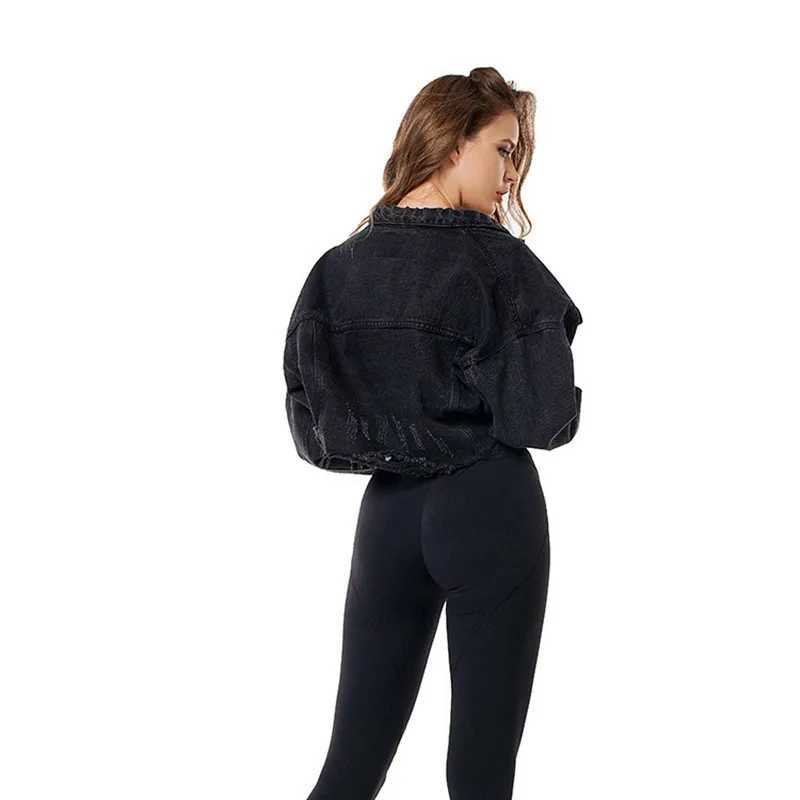 Boyfriend Jean Jacket Women Oversized Crop Denim Jackets Vintage Long Sleeve Short Jacket Casual Loose Coat Black Bomber JacketX240920
