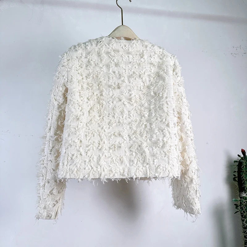 High Quality Autumn Winter Yellow Tweed Short Jacket Coat French Women Round Collar Single Breasted Tassel Woolen Outwear