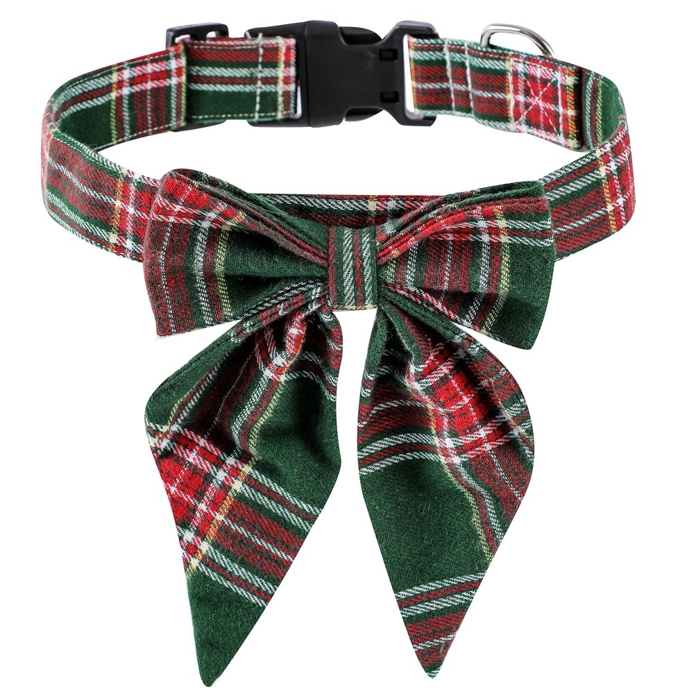 Christmas Dog Collar with Bow Adjustable Cotton Red Green Plaid Bowtie Dog Christmas Collars for Small Medium Large Dogs Pets