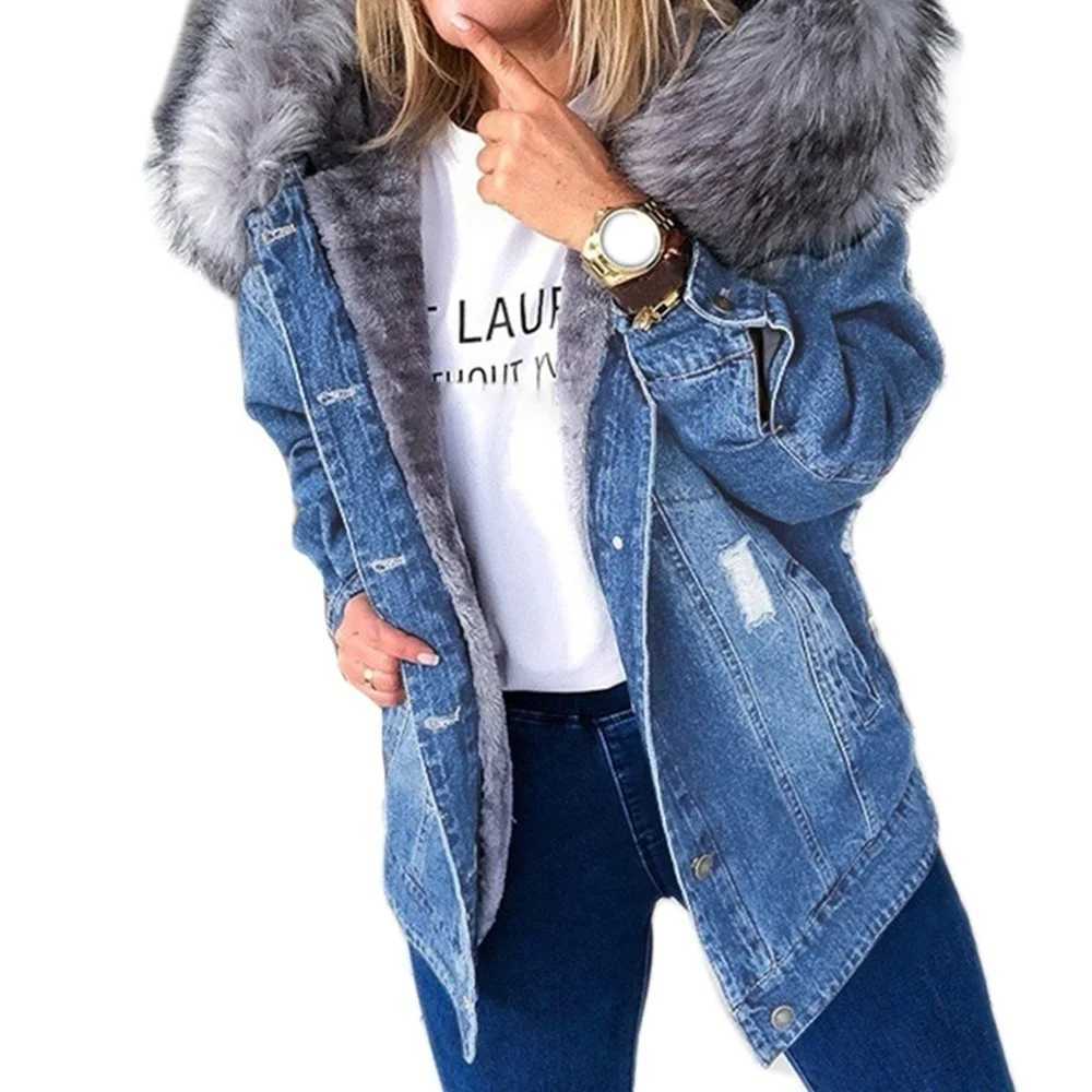 Womens winter warm fluffy collar hooded denim jacket with thick plush lining warm long sleeved jeans jacket button hem too large loose fit W240920