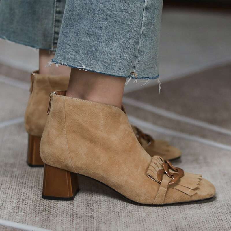 New Autumn/Winter Women Sheep Suade Toe Square Heel Mid-Heel Ankle Boots Fringed Zipper Fashion Office Lady Shoes 4