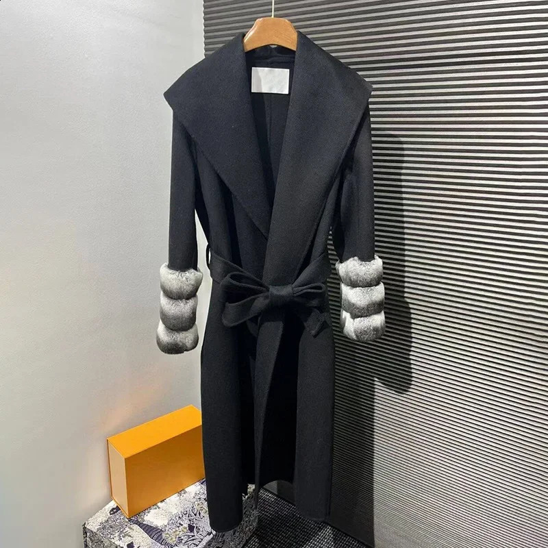Womens Wool Coat Womens Rex Rabbit Fur Collar Oversized Trench Winter Chinchilla Colored Cashmere