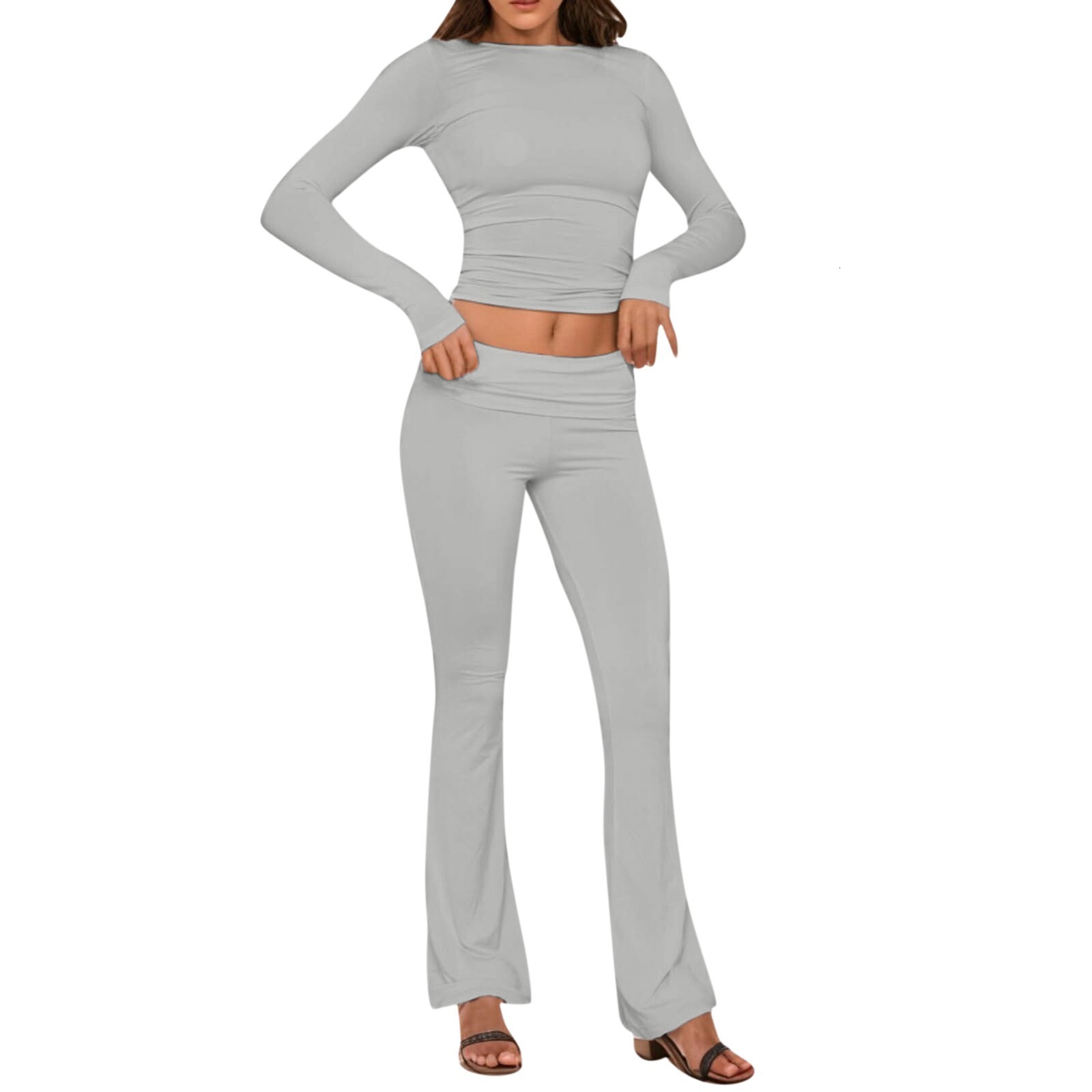 Women's Yoga Sets Crew Neck Long Sleeve Crop Tee And Low Rise Flare Pants Tracuit Slim Fit Two Piece Outfits