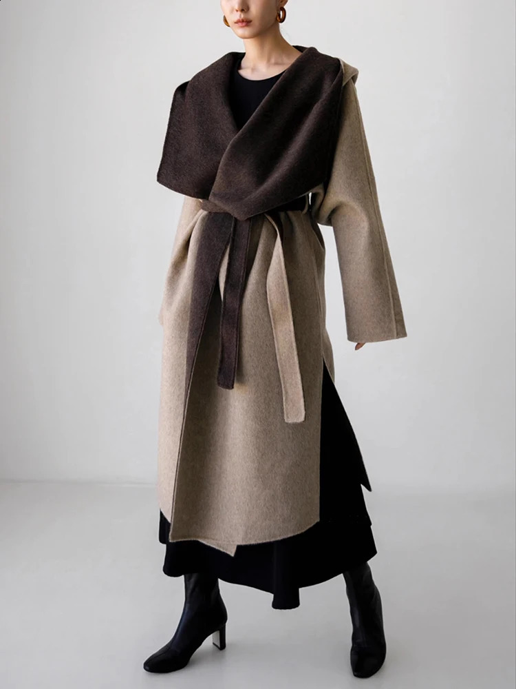 Office ladies hooded wool jacket autumnwinter bathroom style loose and lazy lace tied womens long 240918