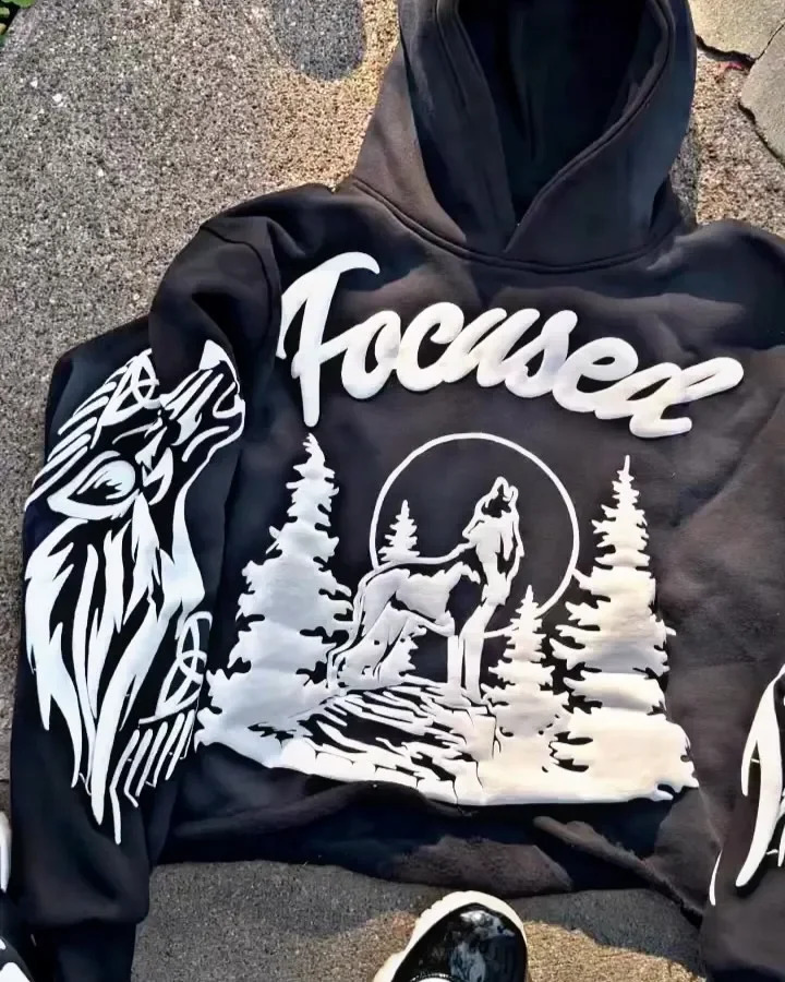 Forest Wolf High End Streetwear Y2k Hip Hop Graphic Foaming Print Oversized Hoodie Sweatshirt Men Punk Rock Gothic Clothes 240919