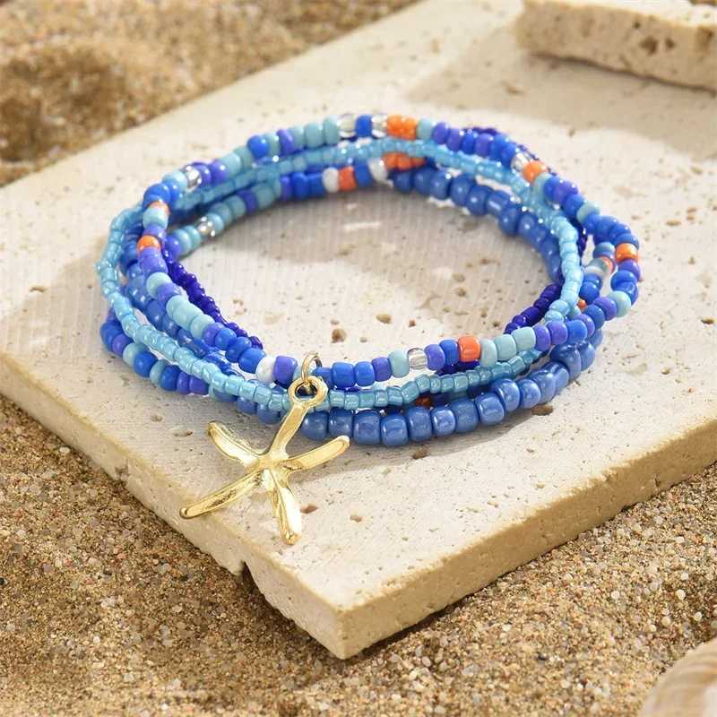 Fashion Multilayer Rice Beads Starfish Pendant Anklet for Women Female Boho Colorful Jewelry Summer Beach Foot Ankle Chain Gifts Y240920