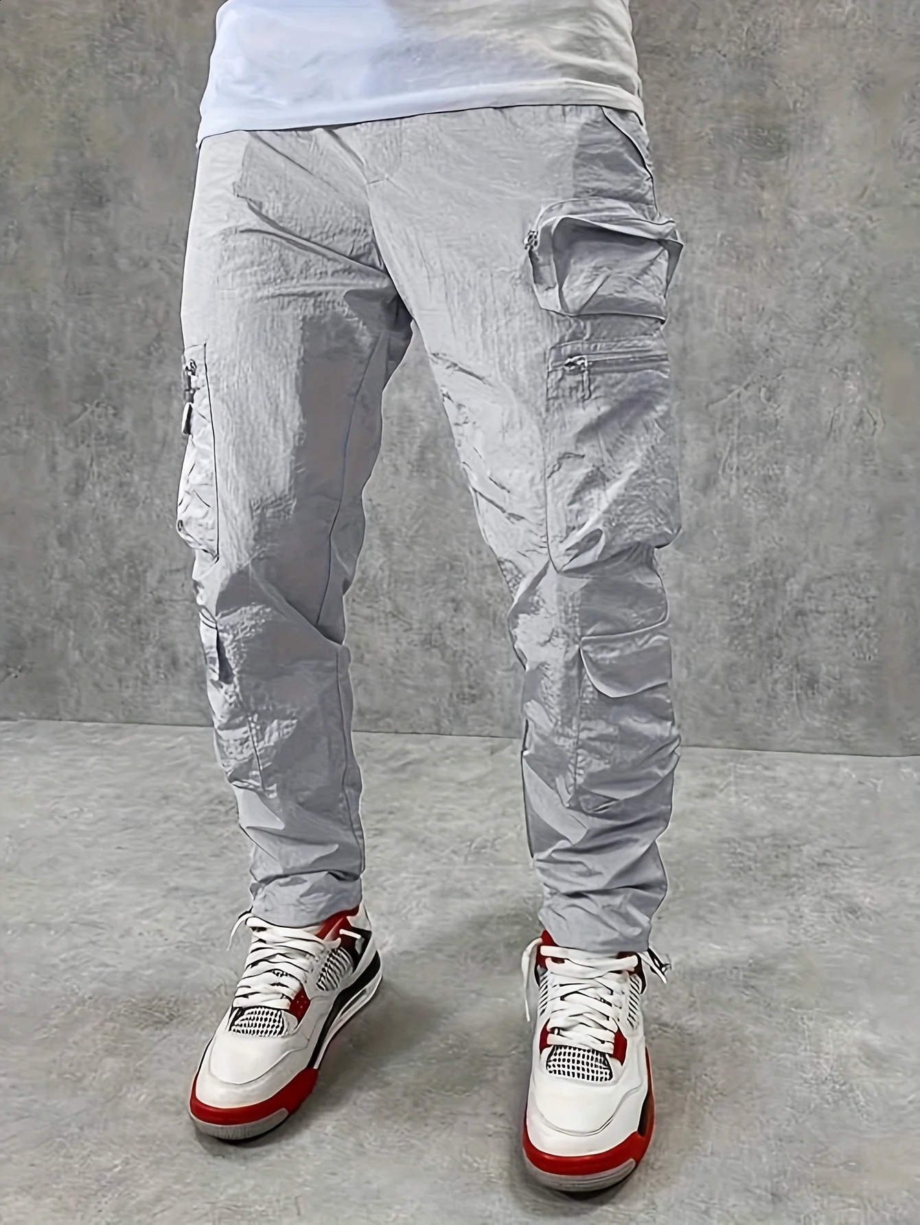 Mens Lightweight SlimFit Pleated WaterlessWash Fabric Asymmetric Pocket n Cargo Pants With Cuff Black Light Grey 240910
