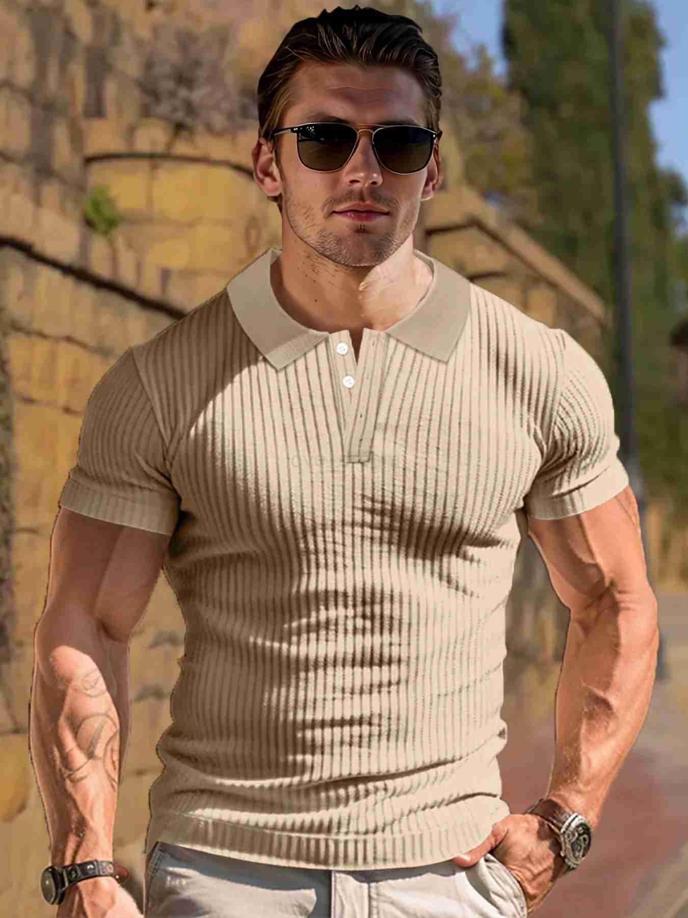 New Summer Polo Men Solid Stripe Fitness Elasticity Short Sleeve Polo Shirts for Men Fashion Stand Collar Mens ShirtsXJ240920